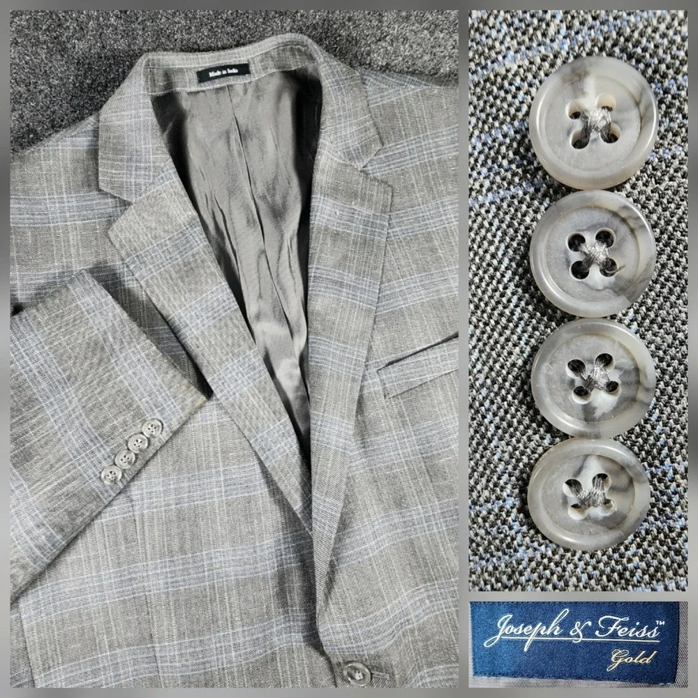 Joseph & Feiss Sport Coat Mens 46L Grey Windowpane‎ Wool Silk Linen Blazer